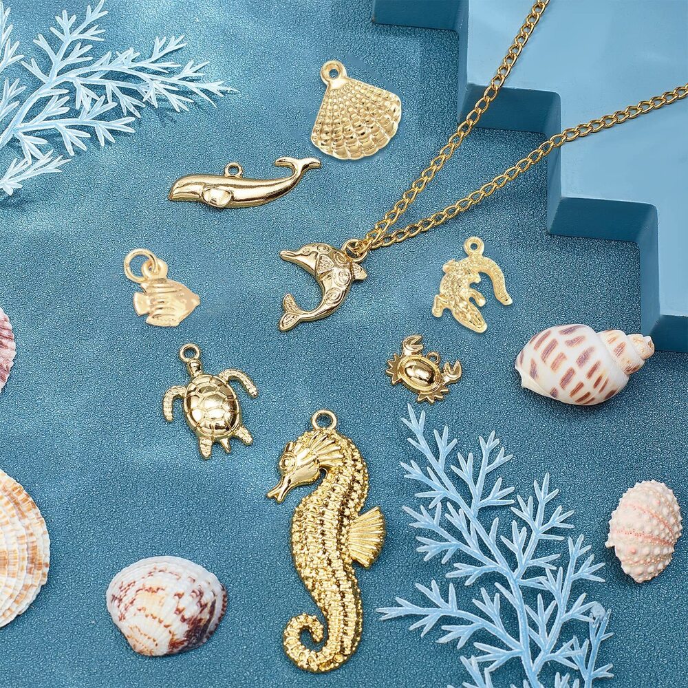 4939 1 Box 16Pcs 8 Styles Real 14K Gold Plated Charms Gold Sea Theme Animal - Picture 5 of 7